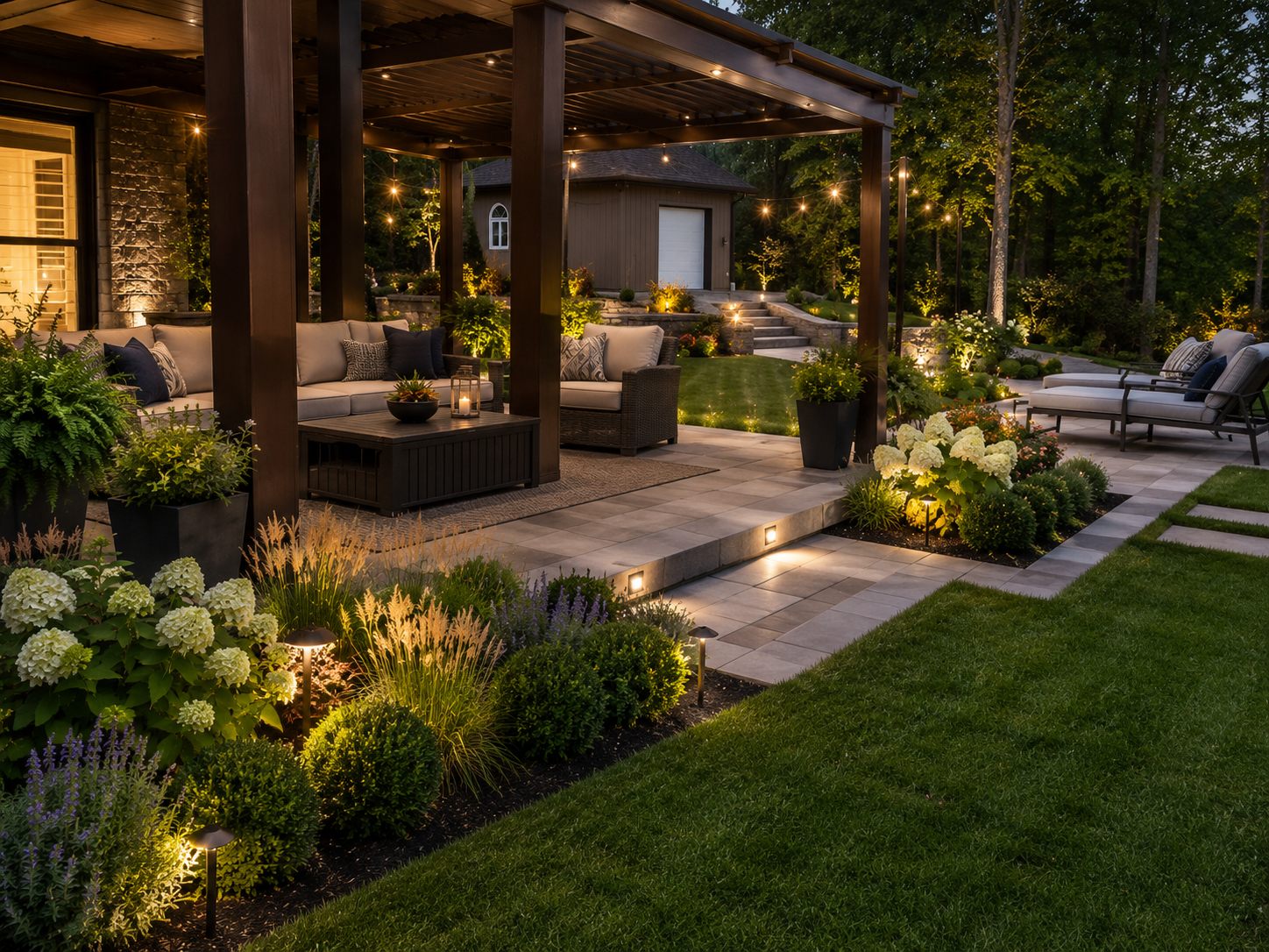 Salon extérieur sous une pergola en bois, entouré de massifs fleuris